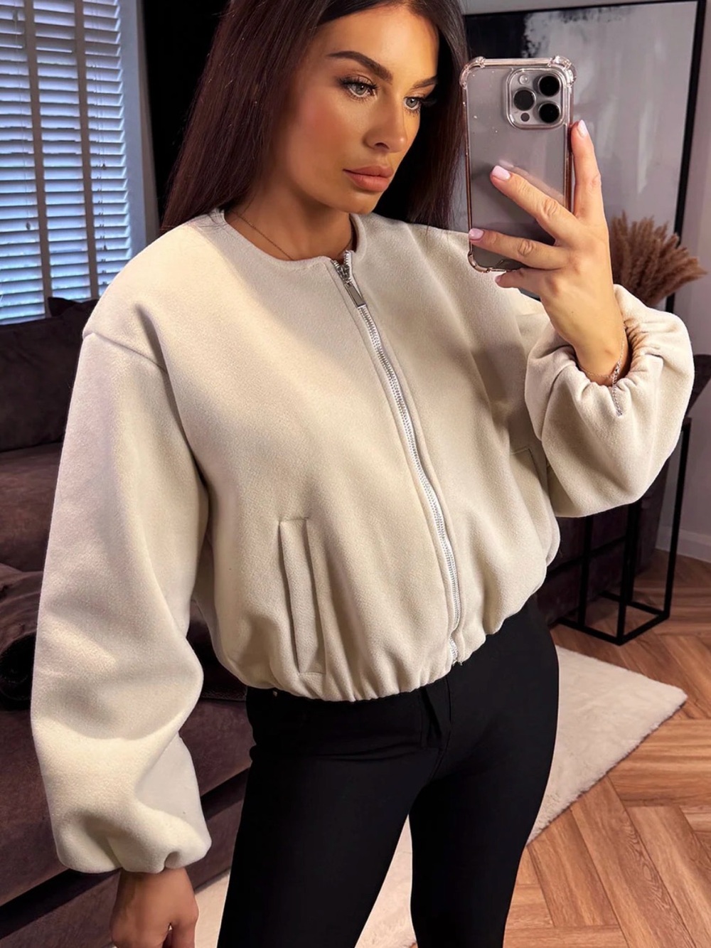 Zara Cream Bomber Jacket with Zip Front